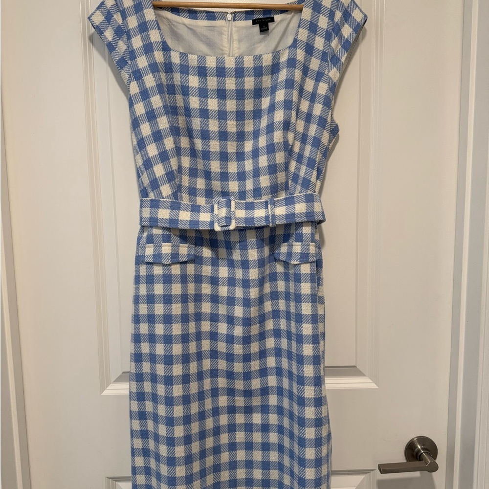 White and Light Blue Gingham Sheath Dress